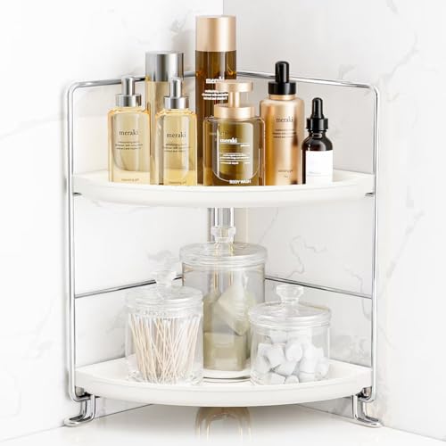 FSyueyun 2-Tier Corner Bathroom Counter Organizer, Vanity Tray, Silver | Plastic Bathroom Organizer Countertop for Skincare, Perfume, Makeup, Tool-Free Assembly, Small Bathroom Corner Tray Shelf - color: Silver
