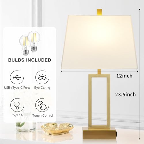 Rinweey 23.5" Touch Control Table Lamps Set of 2, Modern Gold Bedside Lamps with USB A+C Ports & AC Outlet, 3 Way Dimmable Contemporary Nightstand Lamps for Bedroom Living Room(2 LED Bulb Included) - color: Gold