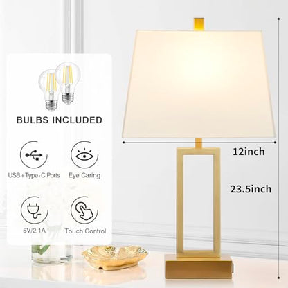 Rinweey 23.5" Touch Control Table Lamps Set of 2, Modern Gold Bedside Lamps with USB A+C Ports & AC Outlet, 3 Way Dimmable Contemporary Nightstand Lamps for Bedroom Living Room(2 LED Bulb Included) - color: Gold