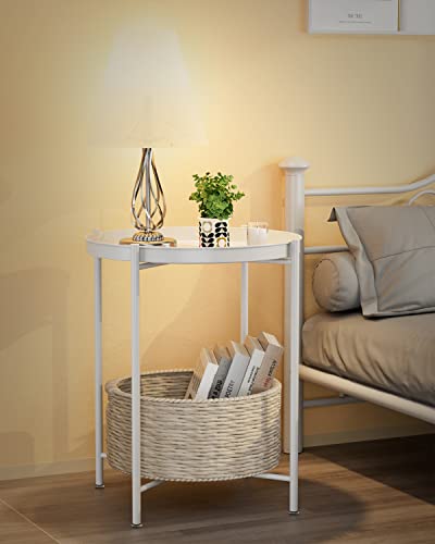 EKNITEY End Table,Folding Metal Side Table Waterproof Small Coffee Table Sofa Side Table with Removable Tray for Living Room Bedroom Balcony and Office - color: White, size: 1 tier