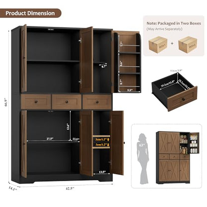 HOSTACK 67"H Farmhouse Kitchen Pantry Storage Cabinet with 3 Drawers, Brown | Large Food Pantry Cabinet with Swing-Out Door Rack & Adjustable Shelf for Kitchen, Dining room, Living room - color: Brown/Black