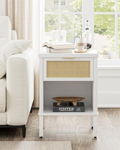 Rattan Nightstand with Drawer and Open Shelf, Boho Side Table with Gold Handle, Small Night Stand, Modern Bedside Table for Bedroom, White - color: White