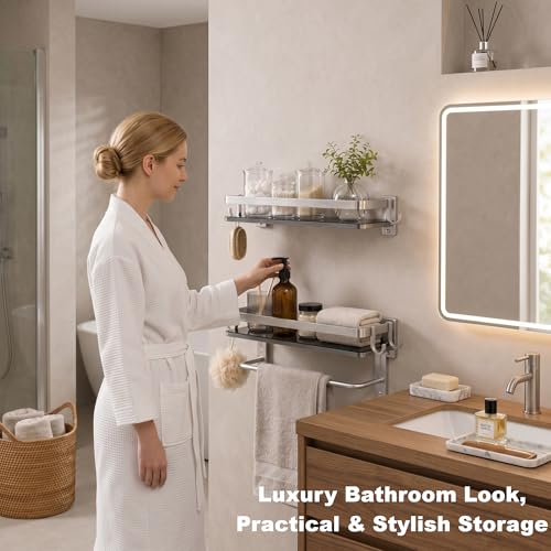 VOLPONE Glass Shelf for Bathroom 15.7 in Bathroom Shelves with Towel Bar Tempered Glass Shelves with 4 Removable Hooks for Wall（2 Tier） - style: 2 tier with towel bar-silver