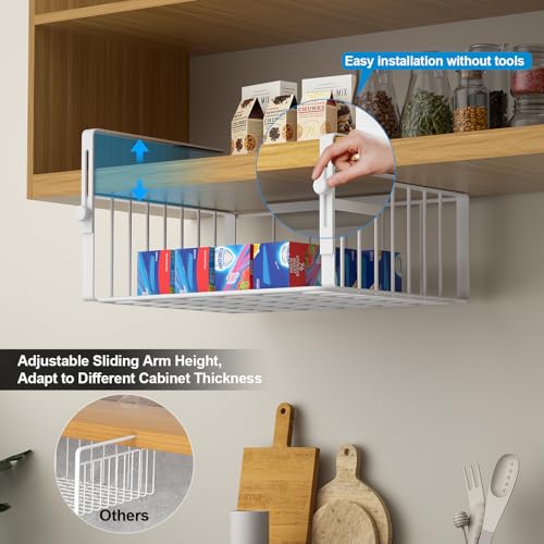 AmonHouseware 2Pack Under Shelf Basket Storage,Adjustable Hanging,White | Under Cabinet Shelf Add-on, Slide-in Baskets,Organizer for Laundry Room Kitchen Pantry Desk Bookshelf Counter Cupboard - color: White
