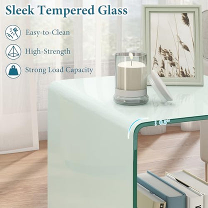 Tangkula Tempered Glass Side Table, Modern C-Shaped Bedside Table Nightstand with Storage Shelf, 4 Lockable Universal Wheels, Rolling Sofa End Table for Living Room Bedroom Office (1, White) - color: White