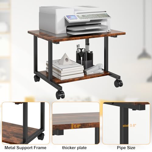 Livofloral Under Desk Printer Stand with Storage Shelf, 2-Tier Industrial Mobile Printer Table for Home and Office, Printer Stand with Wheels,Rustic Brown - color: Brown