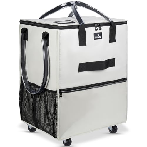 Reusable Grocery Bag On Wheels, 70L Foldable Rolling Tote with 6 Pockets | 3-Way Carry, Heavy Duty Handle, Zippered Top for Grocery, Laundry, Storage, Collapsible Shopping Trolley, Medium, Beige - color: Beige, size: Medium