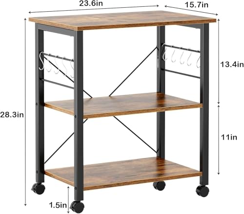 sogesfurniture 3-Tier Kitchen Baker's Rack Utility Shelf Microwave Oven Stand Storage Cart Workstation Shelf 3-Tier Kitchen Utility Cart on Wheels with Storage, Rustic Brown - color: Rustic Brown