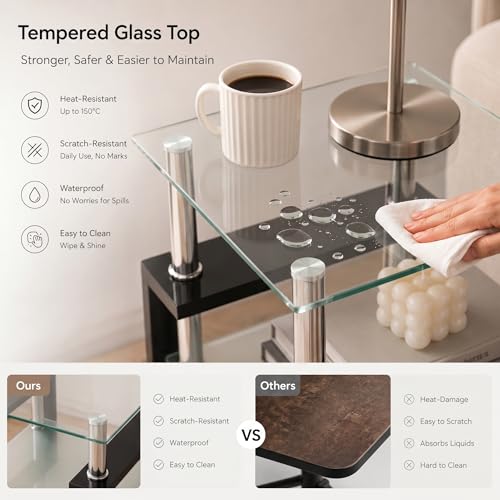 Meihua Glass End Table, Square Glass Side Table, 2-Tier Modern Nightstand with Metal Legs for Living Room&Bedroom (Transparent, 1pc) - color: Transparent, size: 1pc