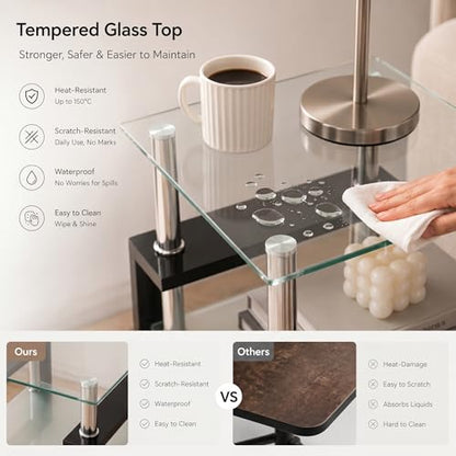 Meihua Glass End Table, Square Glass Side Table, 2-Tier Modern Nightstand with Metal Legs for Living Room&Bedroom (Transparent, 1pc) - color: Transparent, size: 1pc