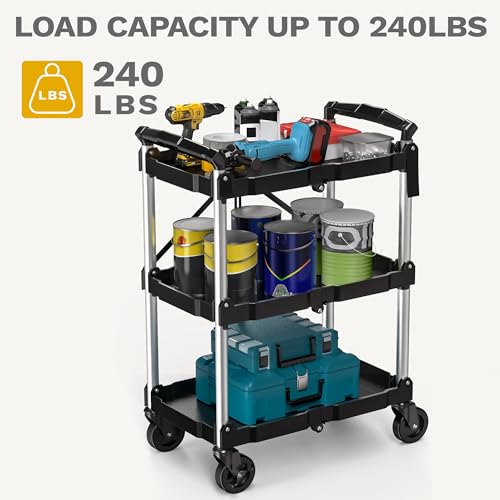 DWVO 3-Tier Foldable Service Cart with Swivel Wheels & Brake, 240LBS | Folding Utility Cart Heavy Duty Collapsible Rolling Cart, 240LBS Portable Utility Cart for Kitchen, Warehouse, Garage - size: 240 LBS