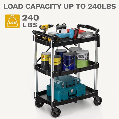 DWVO 3-Tier Foldable Service Cart with Swivel Wheels & Brake, 240LBS | Folding Utility Cart Heavy Duty Collapsible Rolling Cart, 240LBS Portable Utility Cart for Kitchen, Warehouse, Garage - size: 240 LBS