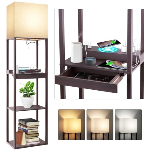 RUNTOP Floor Lamp with Shelves, Modern Standing Lamp with Wireless Charger, 1 Drawer and 2 USB Ports & 2 Power Outlet, 15W LED Bulb 3 Colors, Memory Function, Shelf Lamp for Living Room and Bedroom - color: Upgraded Plus- Walnut with Wireless Charger &USB