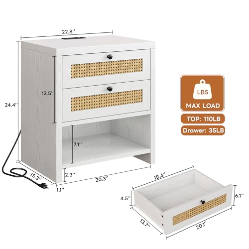 LIKIMIO Rattan Nightstand, 23" Wide Night Stand with Charging Station, Boho Side Table with 2 Drawers and Open Shelf, Bedside Table for Bedroom, White Oak