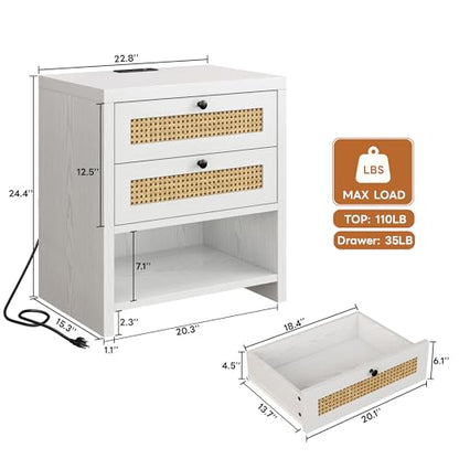 LIKIMIO Rattan Nightstand, 23" Wide Night Stand with Charging Station, Boho Side Table with 2 Drawers and Open Shelf, Bedside Table for Bedroom, White Oak