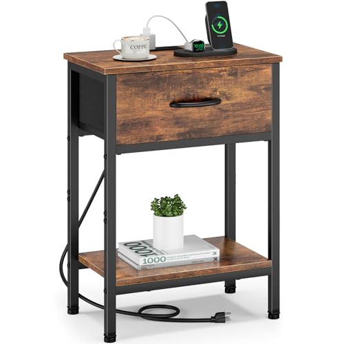 Vagusicc Nightstand with Charging Station, End Table with Fabric Drawer, Small Side Table with 2-Tier Storage Shelves, 25.4" Tall Bedside Table, Night Stand for Bedroom Living Room Dorm, Rustic Brown - color: Rustic Brown (1 Pack)