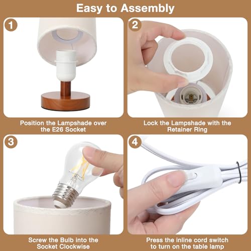 Fenmzee Small Table Lamp for Bedroom - Inline Control, Bedside Lamp with 3000K A15 LED Blub, Easy Assembly (Beige Shade - Walnut Base, 9" Inline Control) - color: Beige Shade - Walnut Base