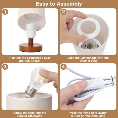 Fenmzee Small Table Lamp for Bedroom - Inline Control, Bedside Lamp with 3000K A15 LED Blub, Easy Assembly (Beige Shade - Walnut Base, 9" Inline Control) - color: Beige Shade - Walnut Base