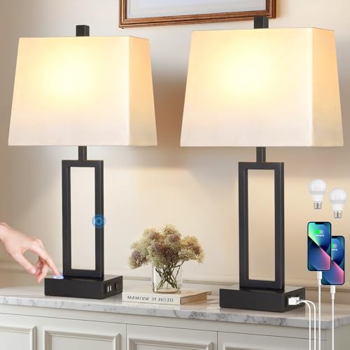 Touch Control Table Lamps with 2 USB Charging Ports & AC Outlets, 23" Tall Modern Nightstand Bedside Lamp for Bedroom, 3-Way Dimmable Metal Table Lamp with Fabric White Shade for Living Room End Table - color: White