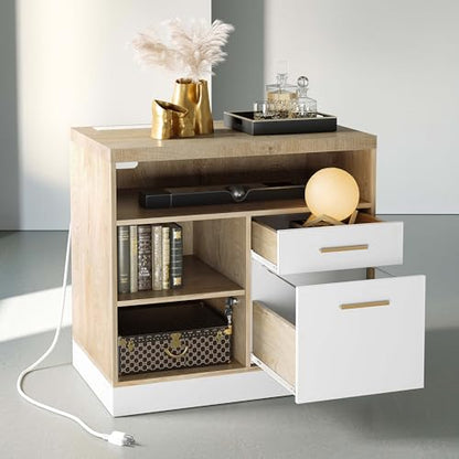2 Drawer Wood File Cabinet for Home Office Storage, White Wanult | Filing Cabinet for A4 / Letter Documents, 31.5"W * 19.5"D * 29.5"H, Credenza w/ Built-in Power Outlet, Printer Stand - color: Light Walnut