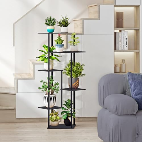 HAYOFAMY 6 Tier Black Plant Stand Indoor 43.7” Tall | Multiple Plant Shelf, Metal Wood Multiple, Flower Pot Holder for Living Room Office Balcony Patio