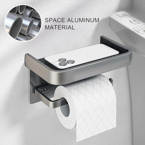 Toilet Paper Holder with Phone Shelf, Adhesive or Screw Wall Mount Toilet Tissue Roll Holder-Grey - color: Grey