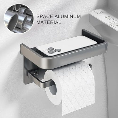 Toilet Paper Holder with Phone Shelf, Adhesive or Screw Wall Mount Toilet Tissue Roll Holder-Grey - color: Grey