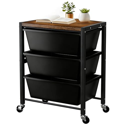 Rolling Cart with 3 Drawers, Plastic Drawer Storage Carts with Lockable Wheels & Wooden Tabletop, Metal Utility Cart Organizer, Office Bedroom Classroom Craft Organization and Storage, Dark Black - color: Dark Black, size: 3-drawer