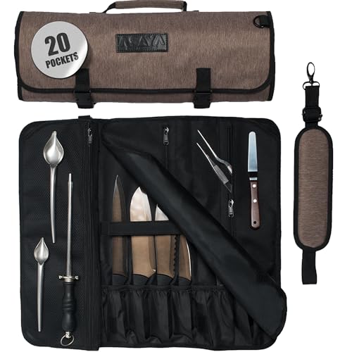 Asaya Waxed Nylon Chef Knife Roll Bag with 20 Slots and Zippered Pockets - Professional Chef Knife Bag & Storage Case, Tool Carrier with Shoulder Strap - Knives Not Included (Brown) - color: Brown