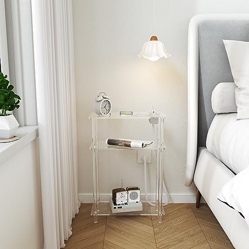 HMYHUM Acrylic Narrow Side Table with Charging Station, 7" Width, 3 Tier Small End Table for Small Spaces, Skinny Nightstand/Bedside Table with USB Ports & Outlet, Clear - size: 3-tier