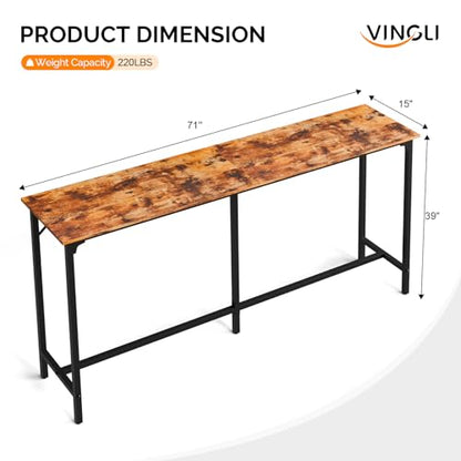 VINGLI 71 Inch Bar Table, Rectangular Counter Height Home Pub Table, Brown | High Top, Multi-Scene Use for Kitchen Dining Living Room Sofa Entryway, Wooden Tabletop & Metal Base, Easy to Install - color: Brown, size: 71"L