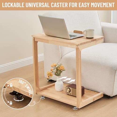 Uniclinens Couch Tables that Slide Under - Rolling Side Table C Shape, Wooden Slim Sofa Desk with Wheels, Small TV Tray for Laptop Multi-Purpose Living Room Bedroom, Natural - color: Natural, style: Style 3