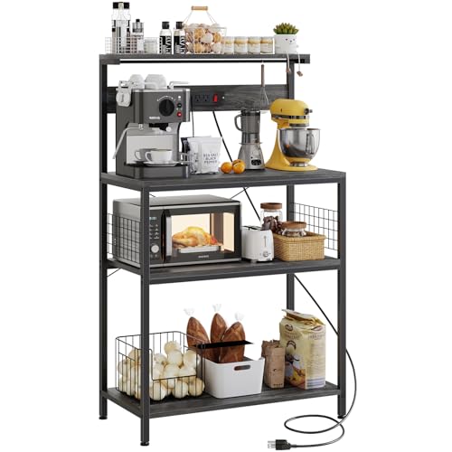 Sweetcrispy Kitchen Bakers Rack with Power Outlet, 32" Microwave Oven Stand with Adjustable Storage Shelf for Kitchen Organization, Coffee Bar Station, Small Apartment, Counter Space Saving, Grey - color: Grey, size: 32 inch