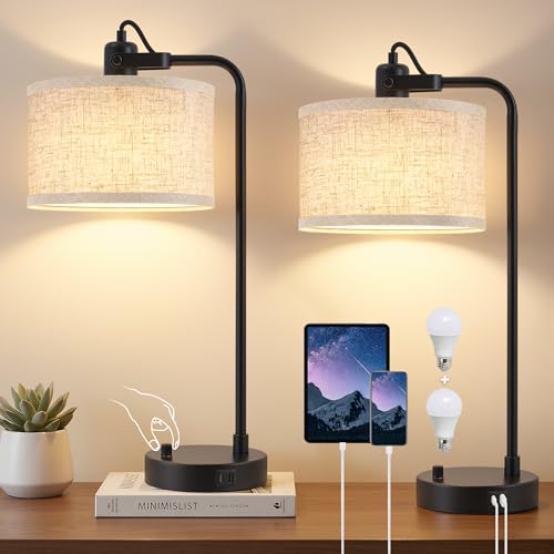 Black Table Lamp Set of 2 with USB A and C Ports, 180° Adjustable Stepless Dimming Bedside Lamps for Night Stands, E26 LED Bulb Included, Industrial Desk Lamps for Home Office, Bare Bulb Compatible - color: Black-A