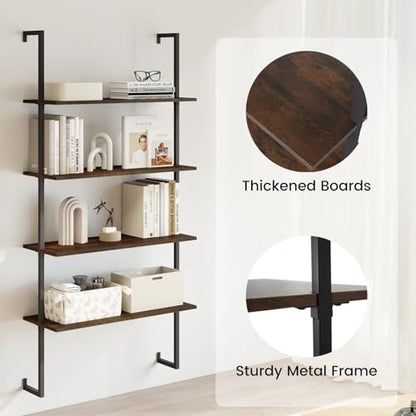 Giantex 4 Tier Modern Wall Mounted Bookshelf Rustic Brown, 64" Industrial Wood Bookcase with Metal Frame, Display Storage Rack Organizer, Ladder Shelf Bookcase for Living Room, Kitchen