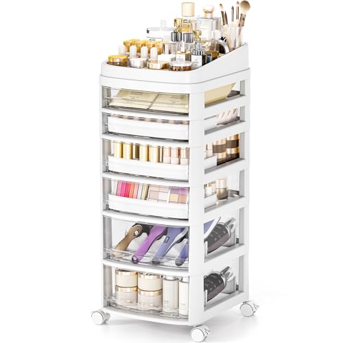 Rolling Cart with 6 Drawers, Clear Plastic Drawer Organizers, Dust Proof Under Desk Storage for Makeup, Skincare, Art Crafts and Baby Items, Acrylic Cosmetic Organizer with Dividers, Vanity Cart - size: 6 Tier