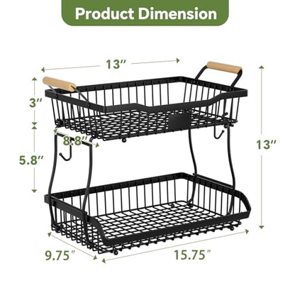 Simple Trending Fruit Basket 2-Tier Detachable, with Banana Hangers & Rust-Proof Metal Mesh, Ventilated Kitchen Organizer for Countertop, Perfect for Fruits, Vegetables, Snacks Storage - style: Fruit Bowl Black-Hanger