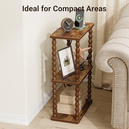 ELYKEN Narrow Side Table with Charging Station, 3-Tier Skinny Bedside Table | Small End Tables Living Room with USB Port and Outlet, Nightstands with Storage Shelf for Bedroom - color: Rustic Brown