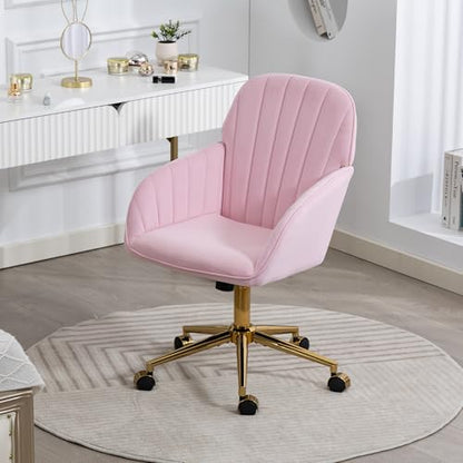 Velvet Make Up Vanity Chair with Wheels and Gold Base 330 Lbs - Pink | Home office Chair, Study Chair, Teacher Chair, Cute Chair, Height Adjustable Swivel Desk Chair, for Living Room Study Room - color: Pink