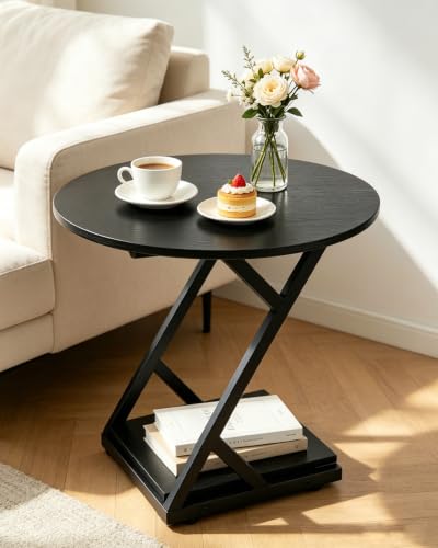 20In Round Side Table, 2-Tier Black End Table with Z-Shaped Metal Frame, Wood Grain Small Round Accent Table with Storage Shelf, Modern Sofa Side Table Nightstand for Living Room Bedroom - color: Black-z