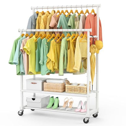 Double Rods Clothes Rack for Hanging Clothes, Heavy Duty Rolling Clothing Rack with Wheels, Freestanding Garment Racks with Oxford Bottom Shelf and Mesh Bottom Shelf for Bedroom Laundry (White) - color: White