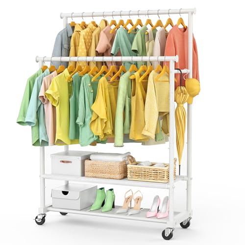 Double Rods Clothes Rack for Hanging Clothes, Heavy Duty Rolling Clothing Rack with Wheels, Freestanding Garment Racks with Oxford Bottom Shelf and Mesh Bottom Shelf for Bedroom Laundry (White) - color: White
