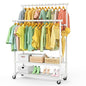 Double Rods Clothes Rack for Hanging Clothes, Heavy Duty Rolling Clothing Rack with Wheels, Freestanding Garment Racks with Oxford Bottom Shelf and Mesh Bottom Shelf for Bedroom Laundry (White) - color: White