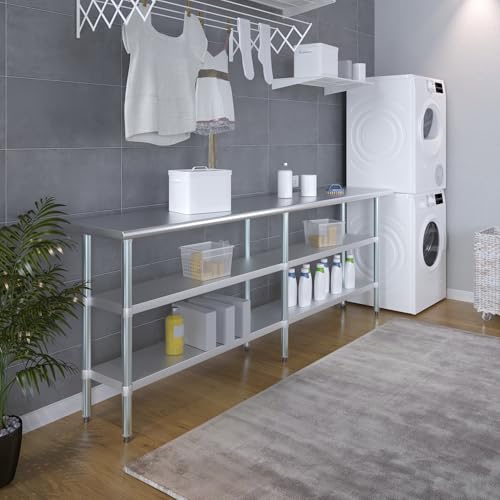 Stainless Steel Work Table with 2 Shelves | Metal Utility Table | Commercial & Residential NSF Utility (Stainless Steel Table with 2 Shelves, 96" Long x 18" Deep) - size: 96" Long x 18" Deep