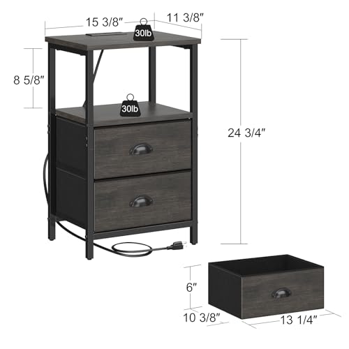 sthmec Nightstand with Charging Station, LED Night Stand Set of 2, Bedside Table End Table with Drawer, Bedroom Tables with 2 Fabric Drawers, 3-Tier Storage Side Table for Bedroom, Black Oak - color: Black Oak
