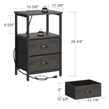 sthmec Nightstand with Charging Station, LED Night Stand Set of 2, Bedside Table End Table with Drawer, Bedroom Tables with 2 Fabric Drawers, 3-Tier Storage Side Table for Bedroom, Black Oak - color: Black Oak