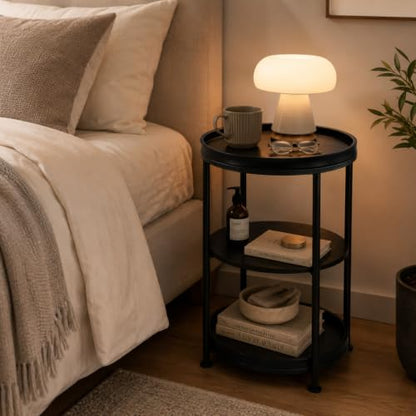 Dulcii Side Table, Round End Table with 3 Shelves for Living Room, Bedroom, Nightstand with Steel Frame for Small Spaces, Industrial Round Sofa Table, Outdoor Accent Coffee Table, Black - color: Black, style: Classic