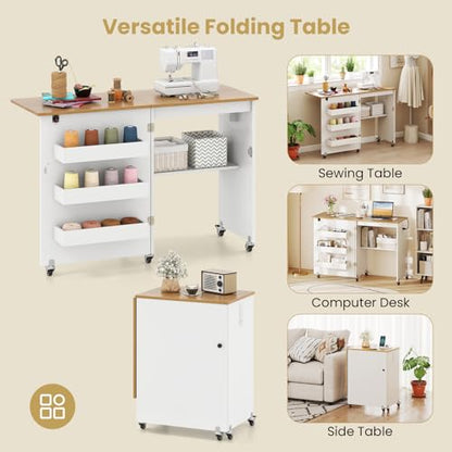 Giantex Folding Sewing Table with Charging Station, Storage Trays & Shelf | Rolling Craft Table with Lockable Wheels, Foldable Sewing Machine Cabinet Desk for Small Spaces, Dorms, White & Natural - color: White & Natural