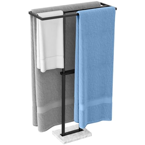 LSK 40” Standing Towel Rack, 3 Tier Towel Stand with Marble Base, Black | Stainless Steel Freestanding Towel Racks for Bathroom, Towel Holder Stand for Hanging Multiple Sizes Towels