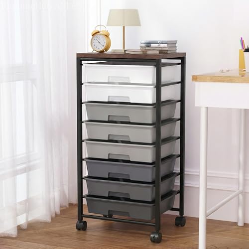 Rolling Cart with 8 Drawers, Storage Drawers Cart with Wooden Tabletop and Lockable Wheels, Craft Storage for Living Room, Office, Classroom, Craft Room, Bedroom (Gray) - color: Gray